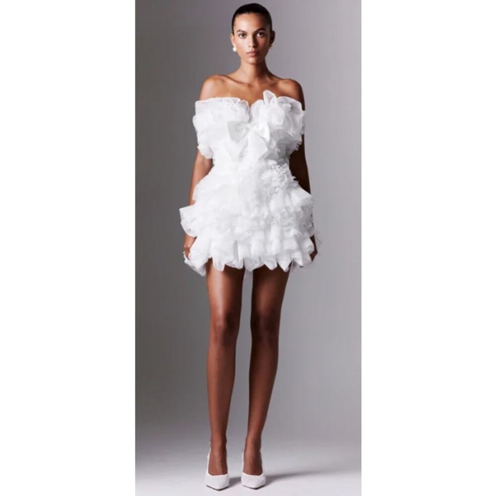 Sébastien Luke Ivory Strapless Ruffled Lace Mini Dress sz 8 NWT Bridal